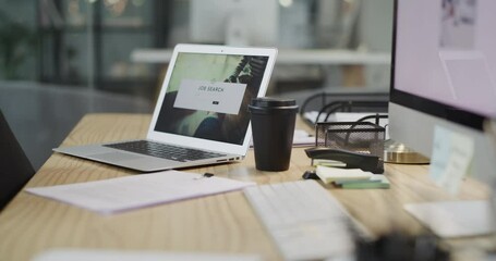 Poster - Laptop, job search and unemployment with documents of a cv or resume on a workstation in an office. Computer, recruitment or change with technology on a desk in a corporate workplace for opportunity