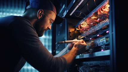 Canvas Print - Close-up view of an IT technician's hand skillfully putting an optical fiber cable into the back panel of a server cabinet