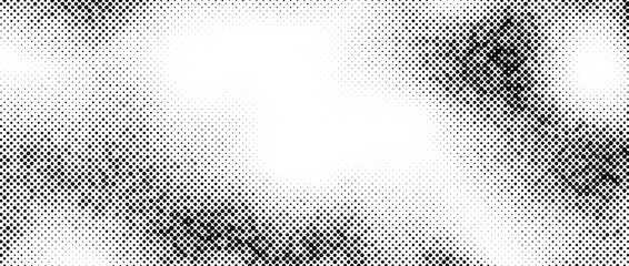 Poster - Halftone faded gradient texture. Grunge dirty speckles and spots background. White and black sand noise wallpaper. Retro pixelated comic vector backdrop