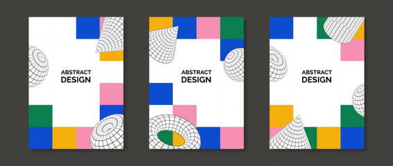 Poster - Colorful neo geometric design posters set. 3d torus, cone, cylinder and sphere shapes on checkered mosaic background. Set of retro futuristic templates for cover, banner, flyer. Vector pack