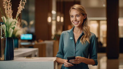 Wall Mural - Close-up of a female hotel front desk clerk expertly handling a phone call