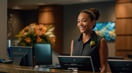 Wall Mural - Close-up of a female hotel front desk clerk expertly handling a phone call