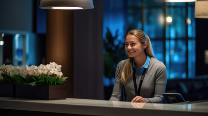 Wall Mural - Close-up of a female hotel front desk clerk expertly handling a phone call