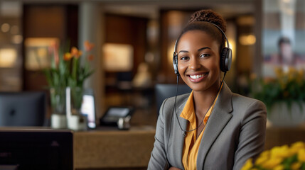 Wall Mural - Close-up of a female hotel front desk clerk expertly handling a phone call