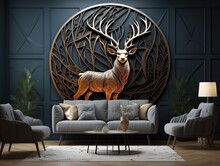 Abstract Modern 3d Interior Mural Wall Art Dark Green And Golden Forest Trees, Deer Animal Wildlife With Birds, Golden Moon, And Waves Mountains Generative Ai