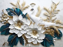 3d Modern Interior Wall Art Decor With White, Dark Green, And Golden Tropical Palm Leaf Branches And Flowers With Feathers Peacock Bird Illustration Background Generative Ai