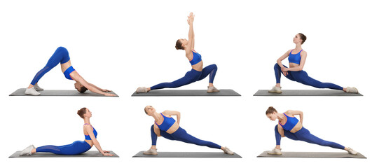 Wall Mural - Young woman practicing yoga on white background. Collage with different asanas