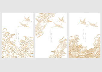 Japanese template with hand drawn wave vector. Oriental template with abstract background in vintage style. Crane birds decoration.