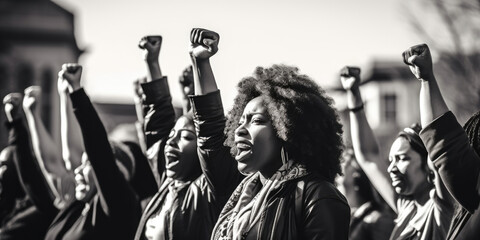 Black women march together in protest. Arms and fists raised in the for activism in the community