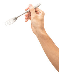 Wall Mural - isolated of a man's hand holding a silver steel fork.