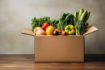 cardboard box with food. vegetables and fruits in a cardboard box. food delivery and food bank concept