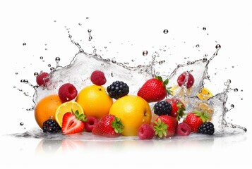 Wall Mural - assorted fresh fruits with water splashes isolated on white background. generative ai