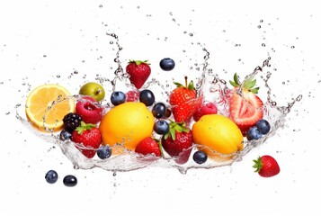 Wall Mural - assorted fresh fruits with water splashes isolated on white background. generative ai