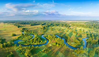 Canvas Print - Beautiful spring morning over the forest and river - drone aerial view