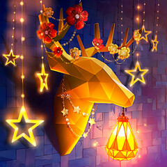 Wall Mural - christmas background with stars, lantern and reindeer headdress 