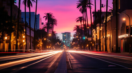 Los Angeles street in a pink light, sunset. Generative AI