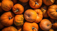 Colorful Varieties Of Pumpkins And Squashes. Autumn Bottom Border Banner Of Pumpkins And Fall Decor On A Rustic Wood Background With Copy Space. Halloween Theme. Generative Ai