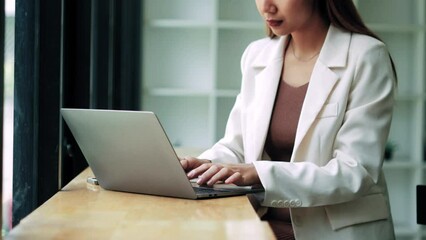 Wall Mural - Successful happy smiling businesswoman saleswoman working on laptop computer