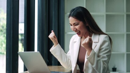 Wall Mural - Successful happy smiling businesswoman saleswoman working on laptop computer