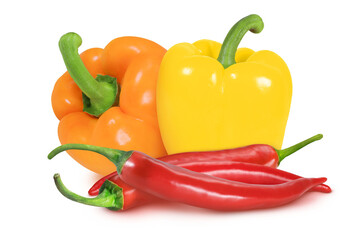 Orange and yellow peppers Bell, red chili peppers on an isolated white background