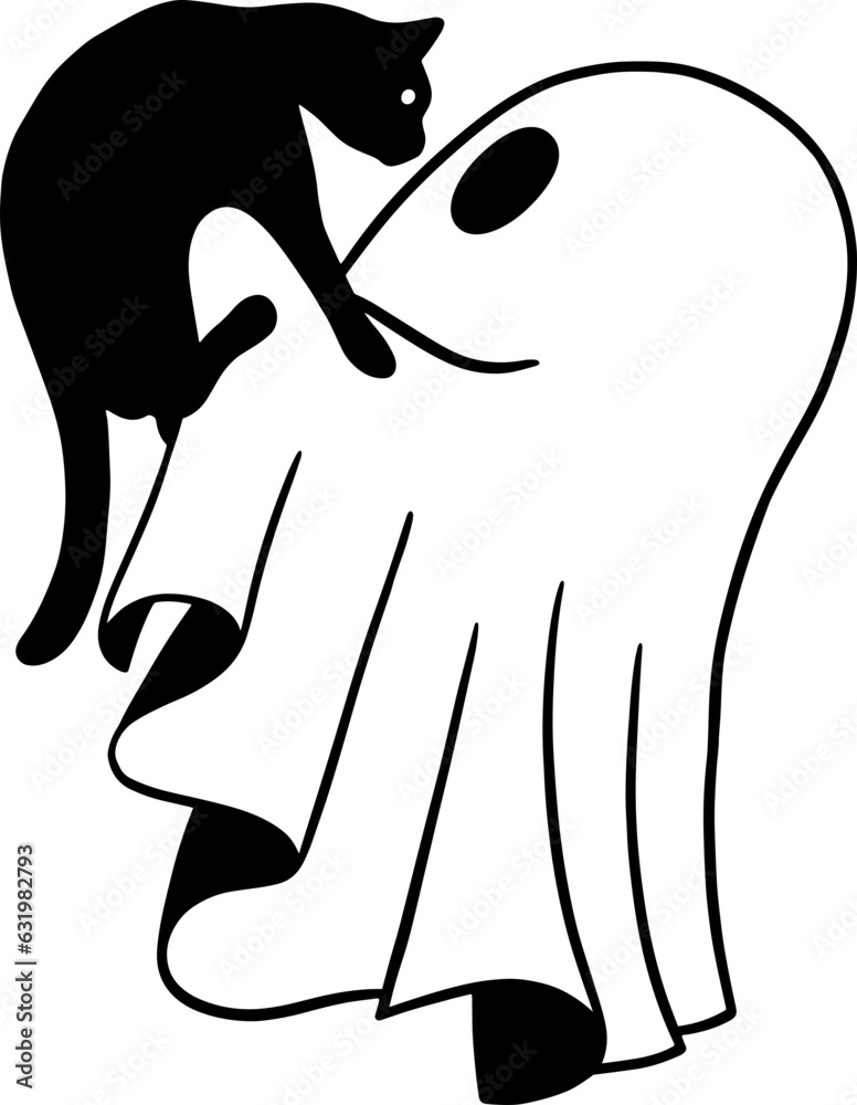 cute ghost and black cat funny halloween vector illustration isolated ...