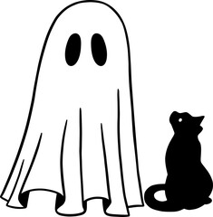 cute ghost and black cat funny halloween vector illustration isolated on white background