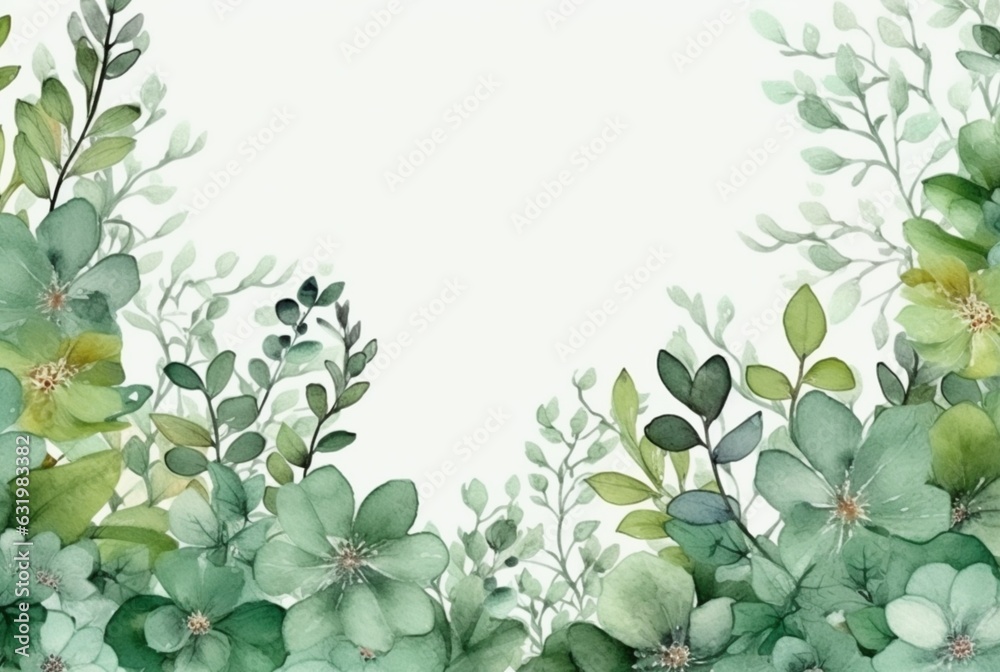 seamless watercolor floral border with green leaves on white background ...