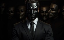 Man In A Suit Wearing Black Mask. Hiding His True Identity, Intentions, Or Actions.