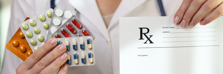 Sticker - Prescription and assortment of pills pack in hands of doctors close-up.