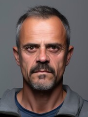 Serious mature man front mugshot on gray background