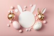 Easter concept. Top view photo of easter bunny ears and paws on white circle white and golden eggs on isolated pastel pink background with blank space, Generative AI