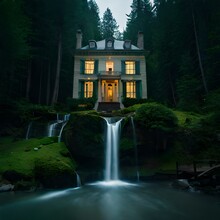 Aesthetic And Elegant Houses And Forests With Morning, Afternoon And Evening Panoramas. Around Which There Is A Forest Overgrown With Trees Rain And Wind Also At That Time