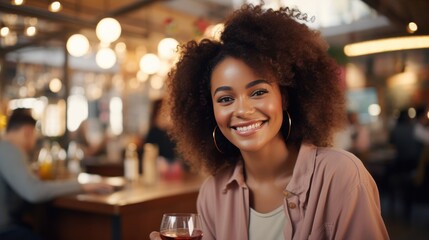 portrait of a woman in a cafe. African American teenage woman with beautiful smile.