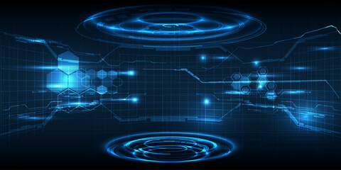 Vector illustration of horizontal digital space with blue futuristic gloabe and digital circuit curve backdrop for game and digital advertising artwork.Digital tech concepts.