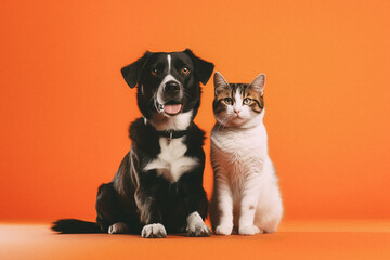 Dog and cat sitting for photo isolated on orange studio background