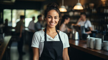 A Female Barista Smiles At The Viewer, Her Busy Workplace At The Back