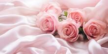 Pink Roses And Pink Rose Petals On Soft Silk. Valentine's Day, Wedding, Mother's Day .