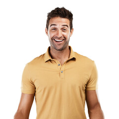 Poster - Excited, confident and portrait of happy man with smile or joy laughing at a funny joke in Italy. Face, proud guy or carefree male person isolated on transparent png background with casual shirt