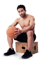 Sticker - Isolated man, basketball player and sitting for rest, fatigue and tired with fitness by transparent png background. Young athlete, sports and training with ball in portrait, exercise or competition