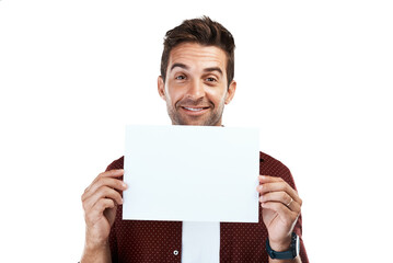 Wall Mural - Card, portrait or happy man with poster mockup for promotion offer, sale or advertising deal. Signage banner, bulletin board or face of person with blank space isolated on transparent png background
