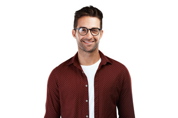 Poster - Happy, glasses and optometry with portrait of man on png for eye health, geek and fashion. Nerd, smile and happiness with person isolated on transparent background for prescription, lens and frames