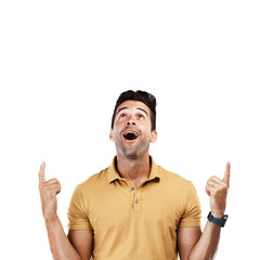 Poster - Pointing up, surprise or man excited by sale, retail product offer or discount deal isolated on png background. Transparent, wow or happy person showing results, news info or menu choice promotion