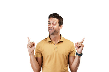 Poster - Happy man, portrait or pointing up to a sale, retail product offer or discount deal isolated on png background. Transparent, smile or male person showing results, news info or menu choice promotion