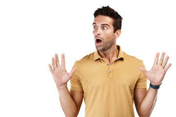 Poster - Isolated man, surprise face and shock with thinking for deal, news or announcement by transparent png background. Guy, fashion model and wow with hands in air for secret discount, idea or information