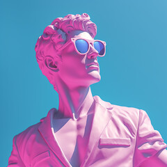 Wall Mural - Gypsum statue head in sunglasses on a blue background illustration