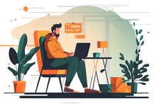 Business Poster. Working Man. Graphic Illustration. Drawing Picture With Male Worker Sitting Workplace Typing Laptop Green Orange Color Room Interior.