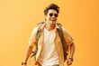 © ABC Vector - Portrait of young Asian man with tourist backpack isolated on studio background. Travel concept. Generative AI