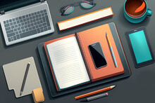 Work Tools Organization. Business Art. Creative Illustration Of Workplace Black Table With Opened Notepad Laptop Smartphone Spectacles Pencils Cup Of Drink Flatlay.