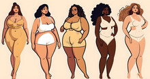 Body positive. Diverse women. Creative illustration. Cartoon art of plus size different nationality females in swimsuit posing light background.