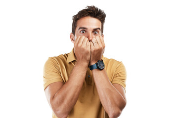 Wall Mural - Man, portrait and scared with hands on mouth in anxiety, fear or nervous stress on isolated, transparent or png background. Worried model, emoji or biting nails for bad news, mistake or terror crisis